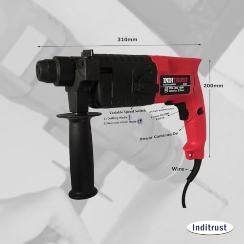 Inditrust 6 Month Warranty 900W 20mm Left/Right Rotation Electric Hammer Machine with 3pc Hammer bit Rotary Hammer Drill (Red) 100% Copper Winding - Image 4