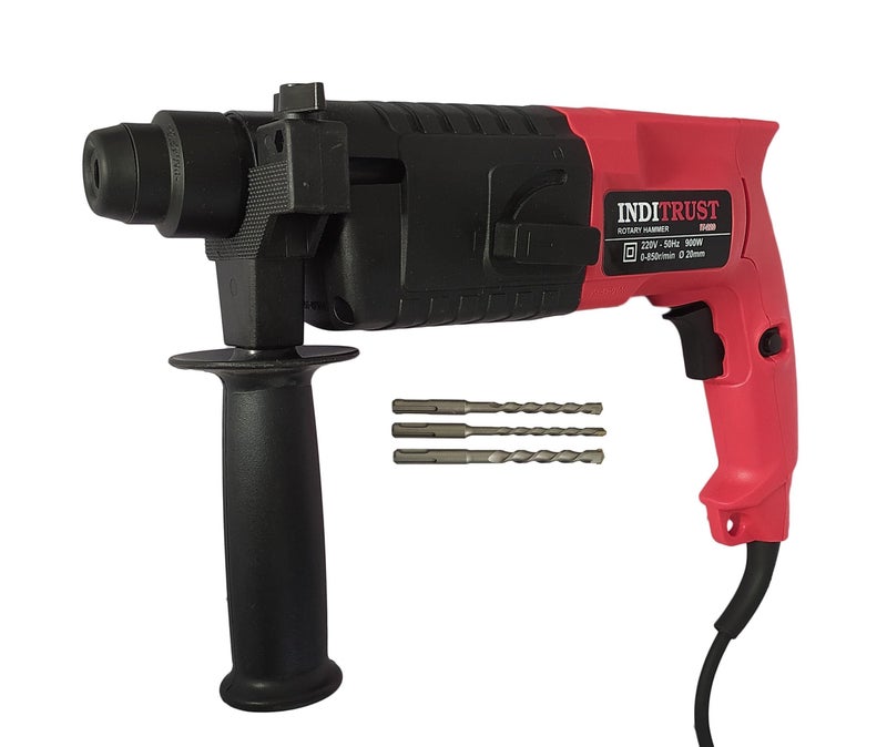 Inditrust 6 Month Warranty 900W 20mm Left/Right Rotation Electric Hammer Machine with 3pc Hammer bit Rotary Hammer Drill (Red) 100% Copper Winding - Image 1