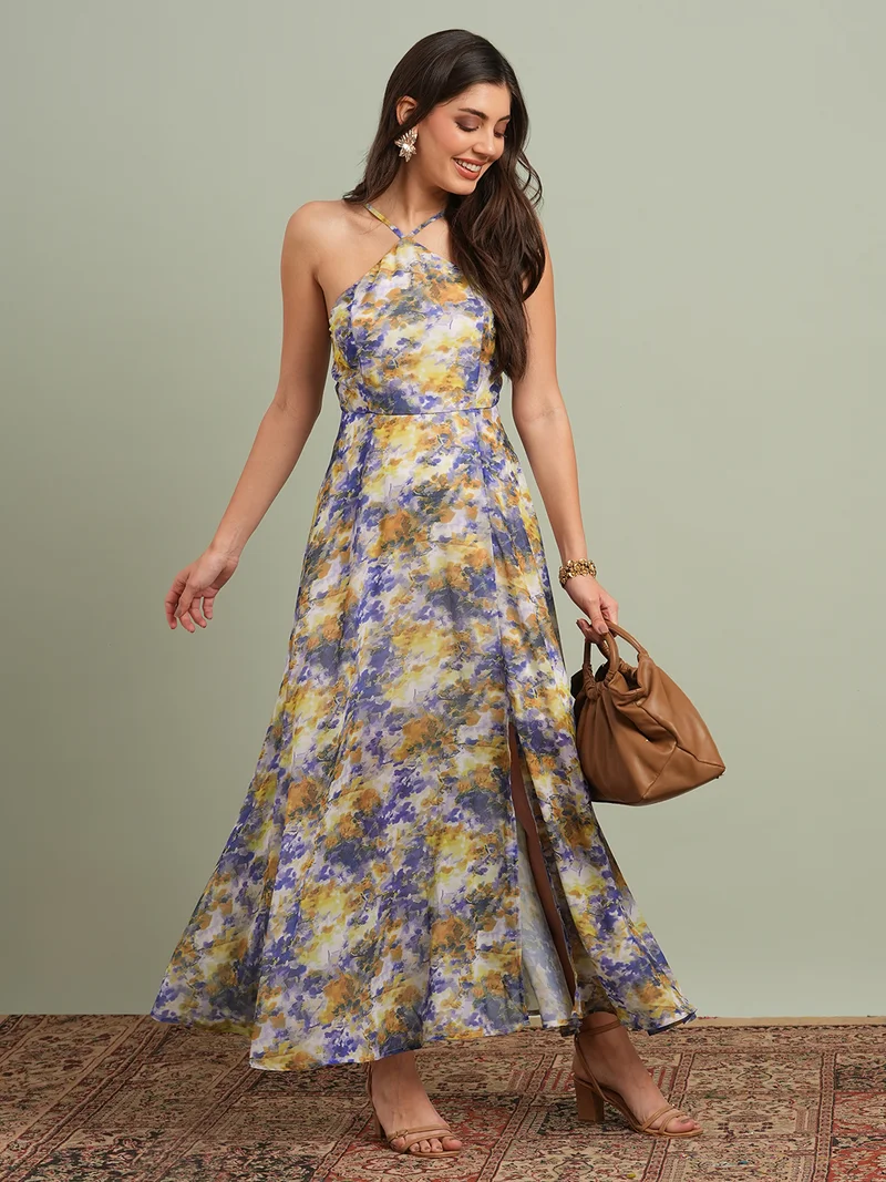 globus Women Yellow Abstract Print Halter Neck Flared Hem A-Line Maxi Resort Dress