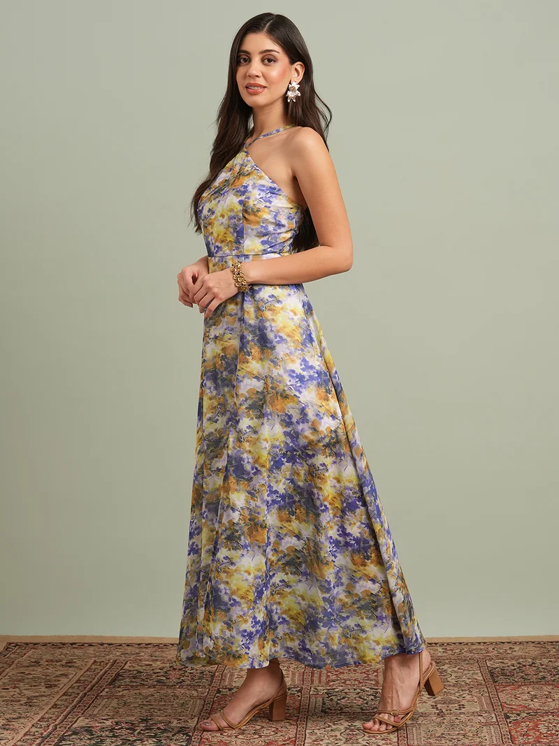 globus Women Yellow Abstract Print Halter Neck Flared Hem A-Line Maxi Resort Dress