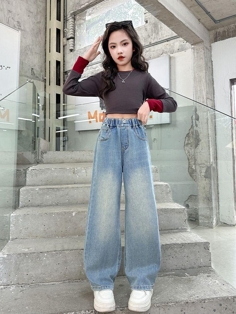 Girls' Straight-Leg Jeans, Style, Loose And Fashionable Wide-Leg Pants For Children And Older Kids, Long Pants For Autumn Wear - Image 5