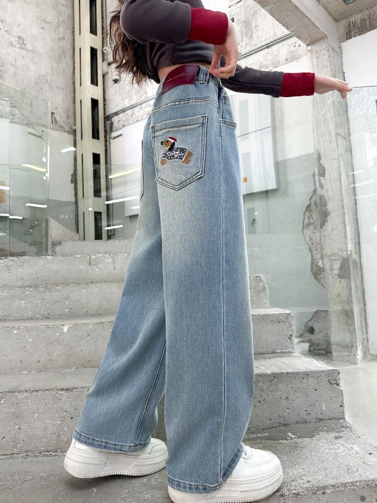 Girls' Straight-Leg Jeans, Style, Loose And Fashionable Wide-Leg Pants For Children And Older Kids, Long Pants For Autumn Wear - Image 4