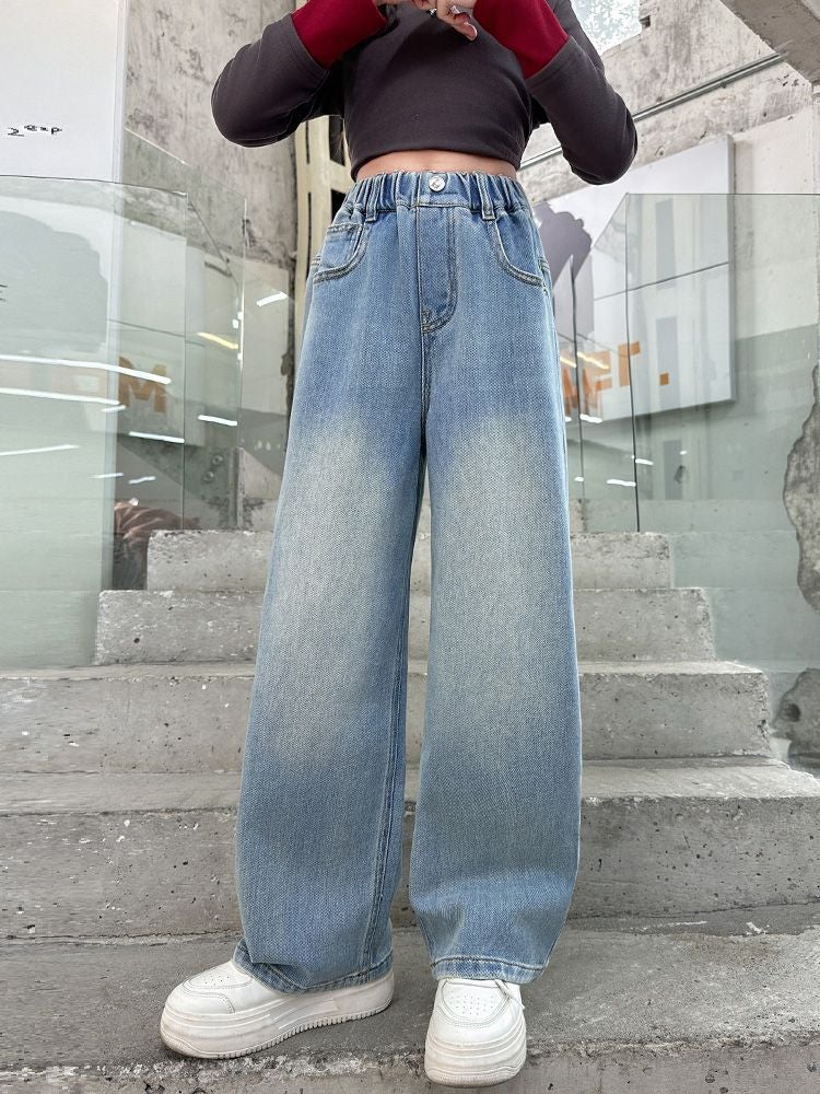 Girls' Straight-Leg Jeans, Style, Loose And Fashionable Wide-Leg Pants For Children And Older Kids, Long Pants For Autumn Wear - Image 3