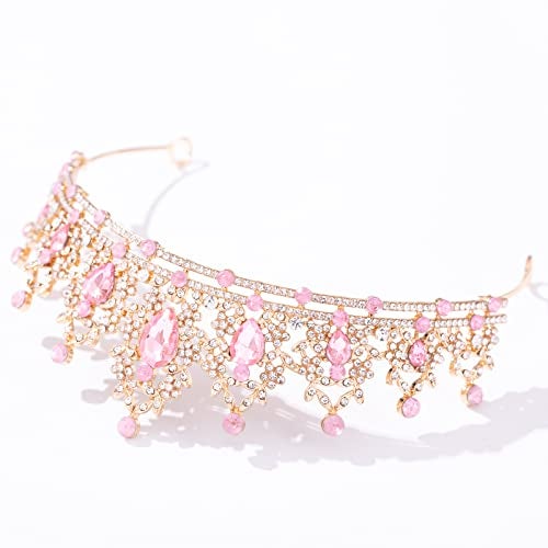 FORSEVEN Crystal Tiaras for Women, Wedding Tiaras and Crowns for Women Tiara for Girls Birthday Party Princess Crown Hair Accessories Bride Rhinestone Headbands (Gold+Pink) - Image 4