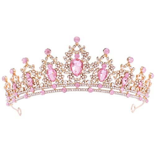FORSEVEN Crystal Tiaras for Women, Wedding Tiaras and Crowns for Women Tiara for Girls Birthday Party Princess Crown Hair Accessories Bride Rhinestone Headbands (Gold+Pink) - Image 1
