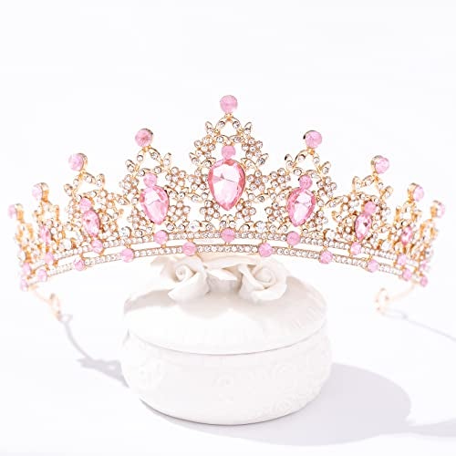 FORSEVEN Crystal Tiaras for Women, Wedding Tiaras and Crowns for Women Tiara for Girls Birthday Party Princess Crown Hair Accessories Bride Rhinestone Headbands (Gold+Pink) - Image 2