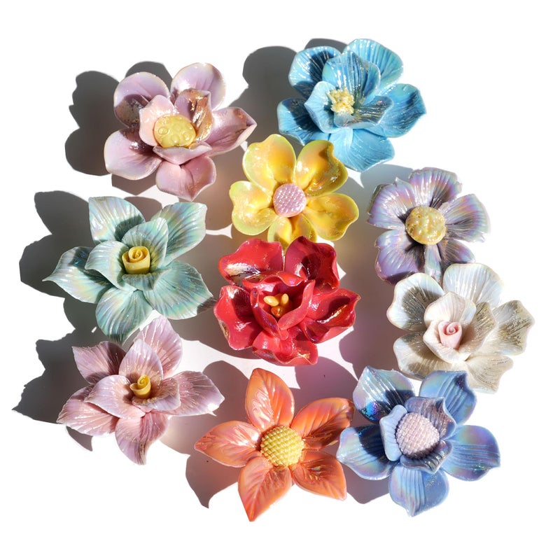 Lanyani 10 Pieces Iridescent Ceramic Blossom for Mosaic Crafts, Mixed Bright Color Porcelain Floral Flower Mosaic Tiles Embellishments for Art Craft - Image 1