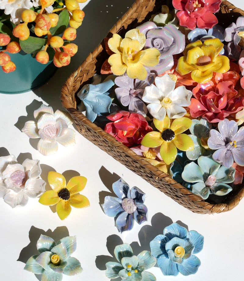 Lanyani 10 Pieces Iridescent Ceramic Blossom for Mosaic Crafts, Mixed Bright Color Porcelain Floral Flower Mosaic Tiles Embellishments for Art Craft - Image 3