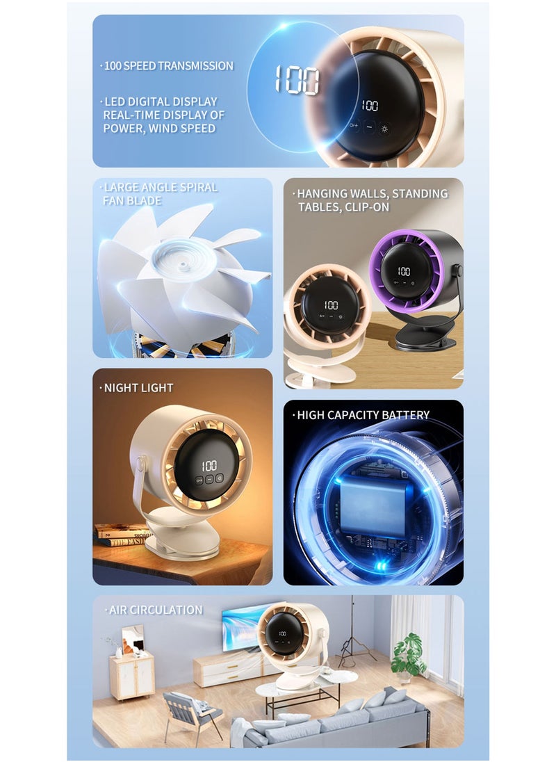ميجيوسيون - مروحة مكتب محمولة ومشبك قابلة لإعادة الشحن بشاشة LED 3 في 1، مروحة بمشبك 100 سرعة، مروحة قوية مثبتة على الحائط، مروحة يدوية عمودية 90 درجة ومروحة طاولة متأرجحة 90 درجة للمنزل والمكتب والتخييم - Image 1