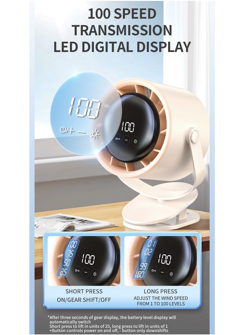 ميجيوسيون - مروحة مكتب محمولة ومشبك قابلة لإعادة الشحن بشاشة LED 3 في 1، مروحة بمشبك 100 سرعة، مروحة قوية مثبتة على الحائط، مروحة يدوية عمودية 90 درجة ومروحة طاولة متأرجحة 90 درجة للمنزل والمكتب والتخييم - Image 1