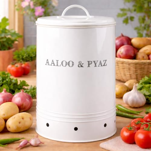 MARKET 99 White Mild Steel Vegetable Storage Jar | Leak-Proof Kitchen Storage Container for Aaloo, Pyaz and Vegetables | Durable Food Canister for Pantry Organization and Everyday Kitchen Use - Image 1