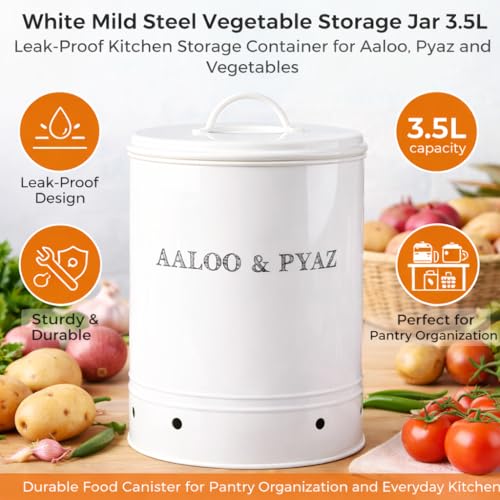 MARKET 99 White Mild Steel Vegetable Storage Jar | Leak-Proof Kitchen Storage Container for Aaloo, Pyaz and Vegetables | Durable Food Canister for Pantry Organization and Everyday Kitchen Use - Image 2