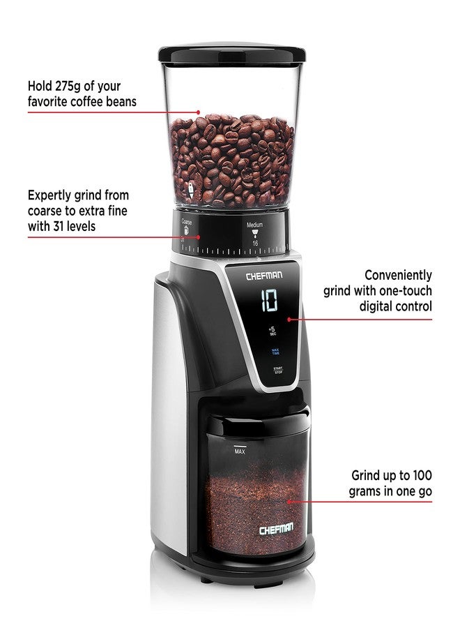 Chefman Conical Burr Coffee Grinder, Create The Boldest & Most Flavorful Grind With 31 Settings From Coarse To Extra Fine, One-Touch Digital Control & 9.7-oz Bean Capacity, Black - Image 2