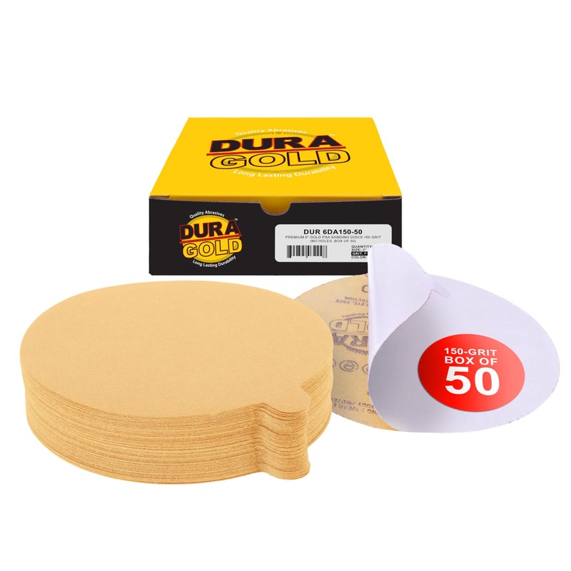 DuraGold Premium 6 Gold PSA Sanding Discs 150 Grit Box of 50 Self Adhesive Stickyback Sandpaper for DA Sander Finishing CoarseCut Abrasive Sand Automotive Car Paint Woodworking Wood Metal