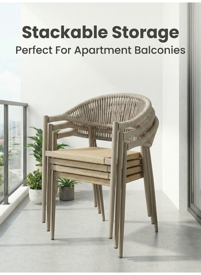 SUNRISE Luxury Champagne Outdoor Bistro Set 3 Piece Stackable Rope Chairs And Metal Table For Balcony Patio - Image 5