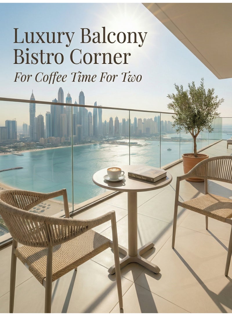 SUNRISE Luxury Champagne Outdoor Bistro Set 3 Piece Stackable Rope Chairs And Metal Table For Balcony Patio - Image 2