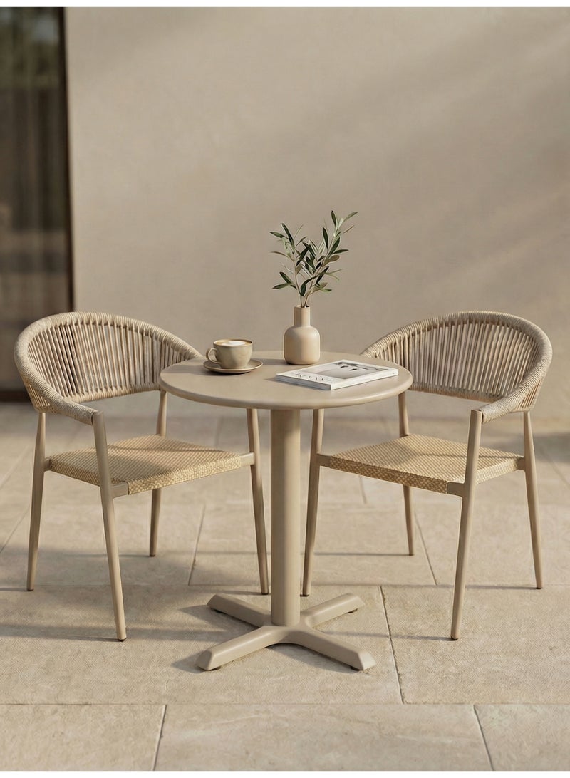 SUNRISE Luxury Champagne Outdoor Bistro Set 3 Piece Stackable Rope Chairs And Metal Table For Balcony Patio - Image 1