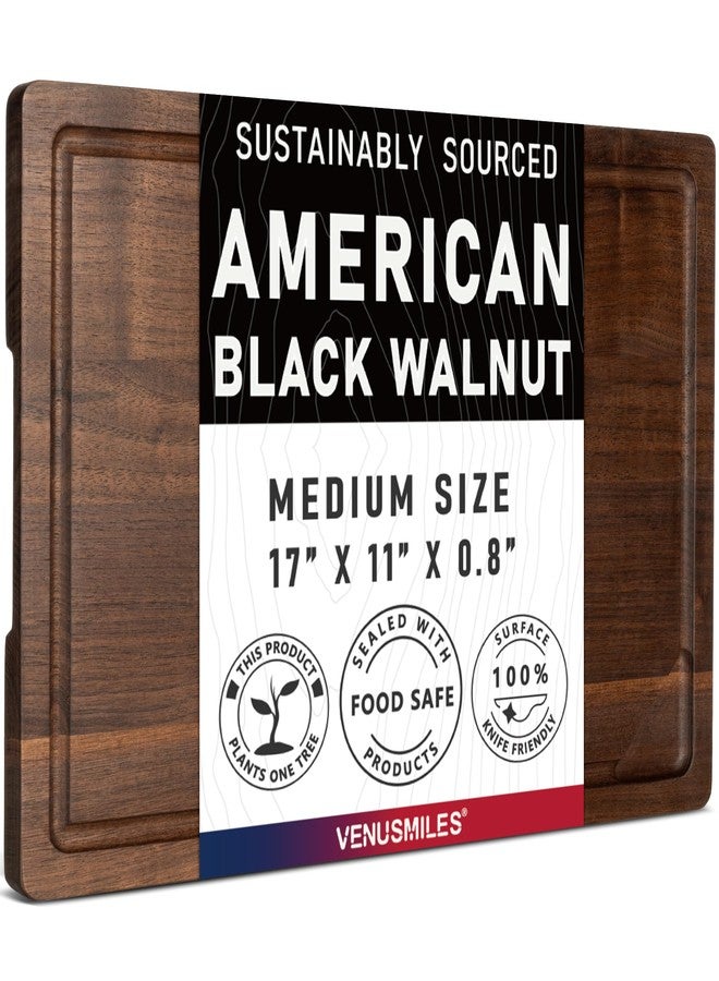 Venusmiles Walnut Wood Cutting Board for Kitchen with Deep Juice Groove & Side Handles, 17”L x 11”W x 0.8”H, Handcrafted North American Black Walnut Wood Grain, Medium Chopping Board, Reversible Butcher Block - Image 1