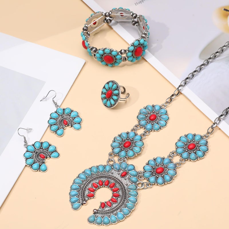 JMScape 4 PCS Western Turquoise Jewelry for Women Boho Vintage Navajo Pearl Necklace Earring Bracelet Ring Set Country Cowgirl Accessories for Gift (M-Blue) - Image 3