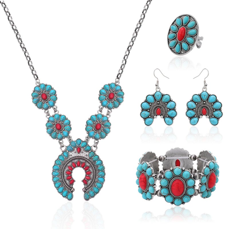 JMScape 4 PCS Western Turquoise Jewelry for Women Boho Vintage Navajo Pearl Necklace Earring Bracelet Ring Set Country Cowgirl Accessories for Gift (M-Blue) - Image 1