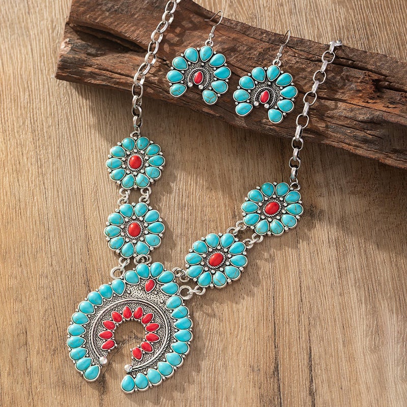 JMScape 4 PCS Western Turquoise Jewelry for Women Boho Vintage Navajo Pearl Necklace Earring Bracelet Ring Set Country Cowgirl Accessories for Gift (M-Blue) - Image 5