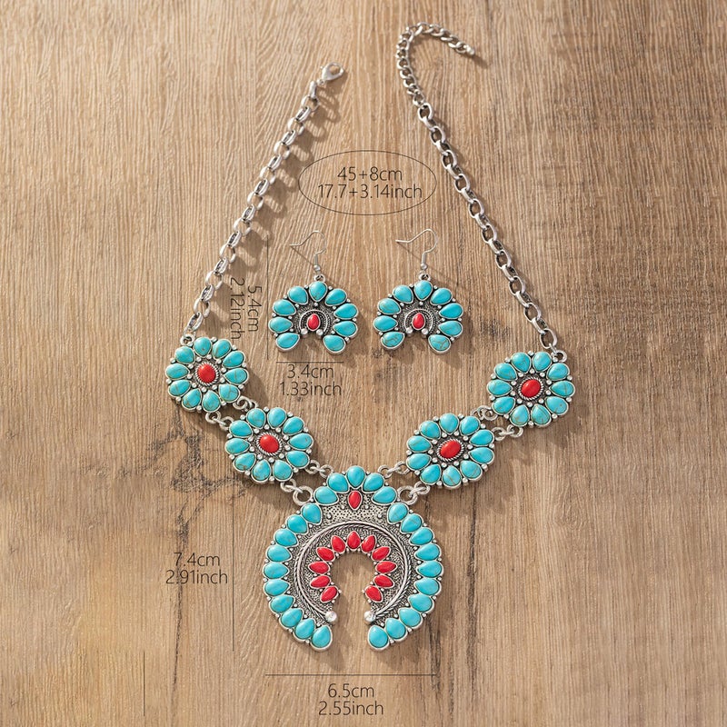 JMScape 4 PCS Western Turquoise Jewelry for Women Boho Vintage Navajo Pearl Necklace Earring Bracelet Ring Set Country Cowgirl Accessories for Gift (M-Blue) - Image 4