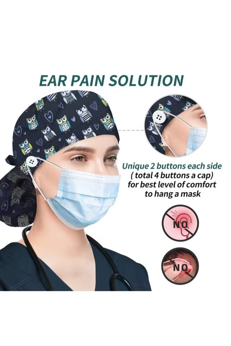 Unewshi 3 Pack Surgical Caps for Long Hair, Adjustable Elastic Nursing Cap with Button and Sweatband, Bouffant Cotton Hats Scrub Cap for Women - Image 2