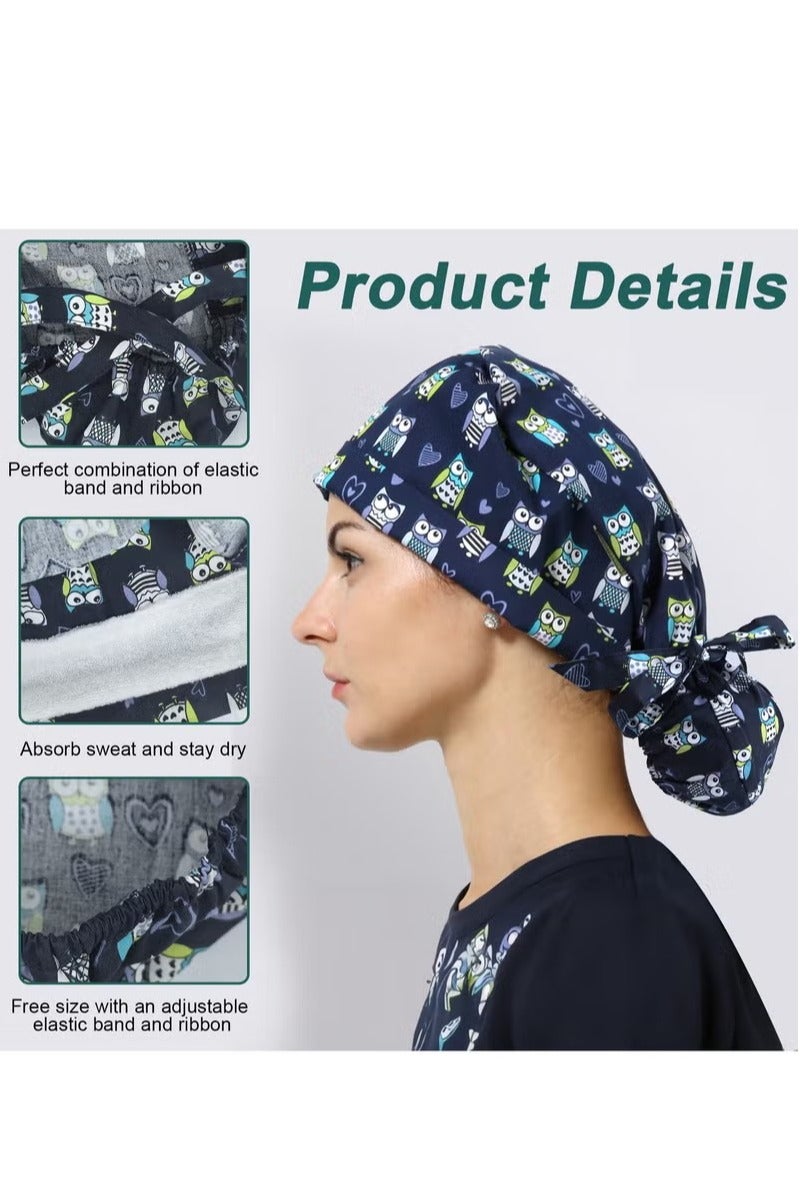 Unewshi 3 Pack Surgical Caps for Long Hair, Adjustable Elastic Nursing Cap with Button and Sweatband, Bouffant Cotton Hats Scrub Cap for Women - Image 5