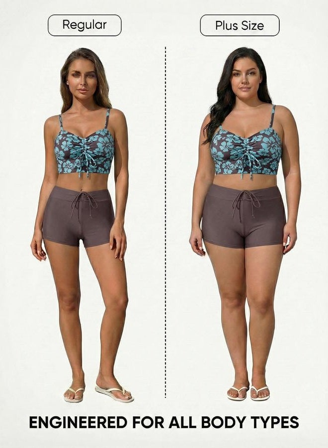 Herseas High Waisted Bikini Sets for Women Floral Print Two Piece Tummy Control Swimsuits Drawstring Short Bathing Suit, Brown, S - Image 5