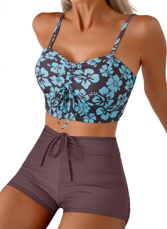 Herseas High Waisted Bikini Sets for Women Floral Print Two Piece Tummy Control Swimsuits Drawstring Short Bathing Suit, Brown, S - Image 1