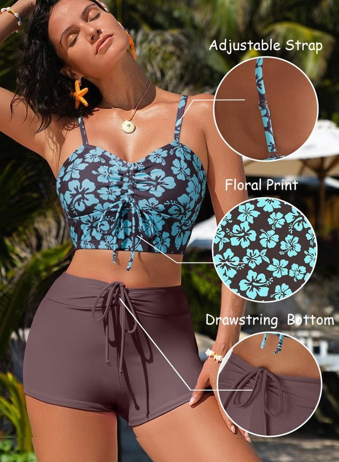 Herseas High Waisted Bikini Sets for Women Floral Print Two Piece Tummy Control Swimsuits Drawstring Short Bathing Suit, Brown, S - Image 4