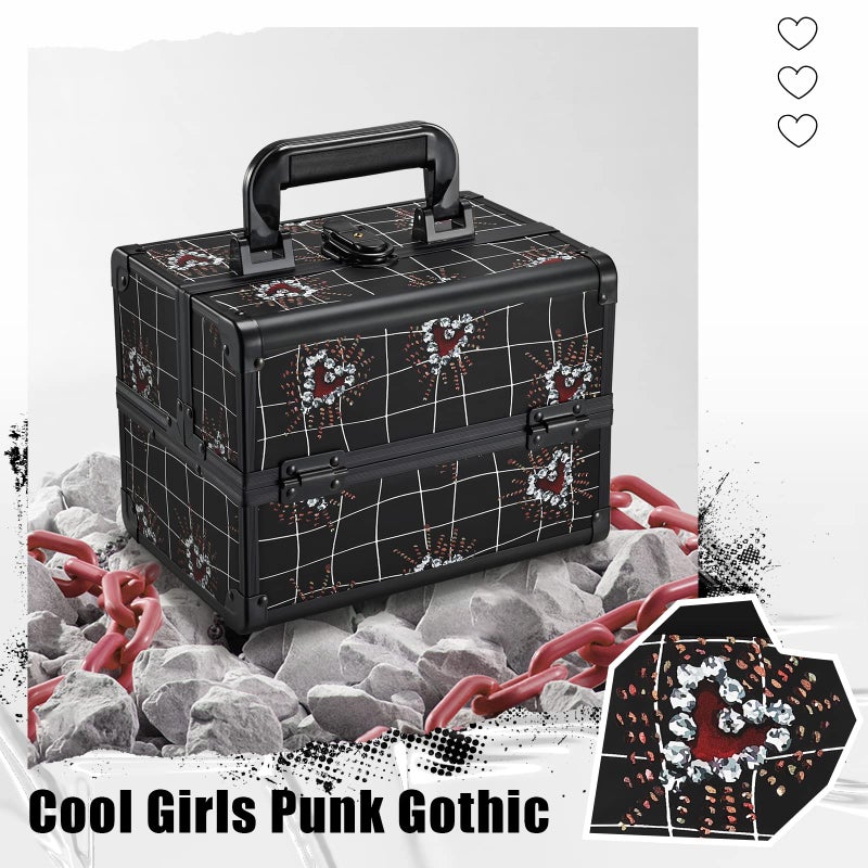 Joligrace Makeup Train Case Portable Makeup Case Organizer 2 Trays Cosmetic Box Storage with Mirror for Cosmetologist Supplies Nail Tech Traveling Makeup Travel Box Punk Love Hearts - Image 2