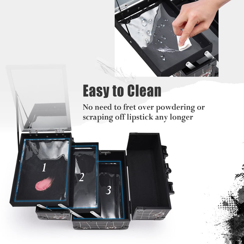 Joligrace Makeup Train Case Portable Makeup Case Organizer 2 Trays Cosmetic Box Storage with Mirror for Cosmetologist Supplies Nail Tech Traveling Makeup Travel Box Punk Love Hearts - Image 5