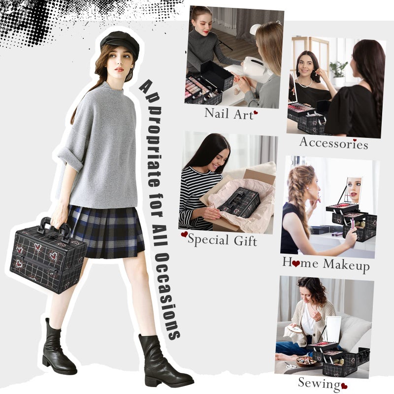 Joligrace Makeup Train Case Portable Makeup Case Organizer 2 Trays Cosmetic Box Storage with Mirror for Cosmetologist Supplies Nail Tech Traveling Makeup Travel Box Punk Love Hearts - Image 4