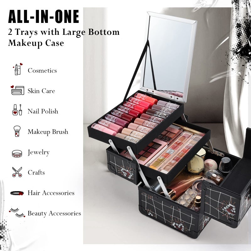 Joligrace Makeup Train Case Portable Makeup Case Organizer 2 Trays Cosmetic Box Storage with Mirror for Cosmetologist Supplies Nail Tech Traveling Makeup Travel Box Punk Love Hearts - Image 3