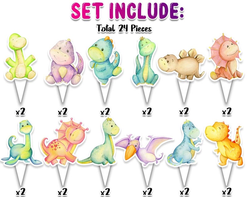 PC 24 PCS Dinosaur Cupcake Toppers - Cute Dino Party Decorations for Kids Birthday and Baby Showers - Image 2