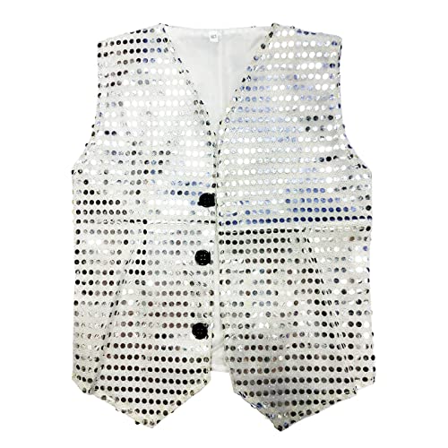 DRHOM Kids Girls Sparkle Sequin Sleeveless Waistcoat V-Neck Vest Jacket Hip Hop Jazz Dance Stage Performance Costume (Silver, 9-10) - Image 1