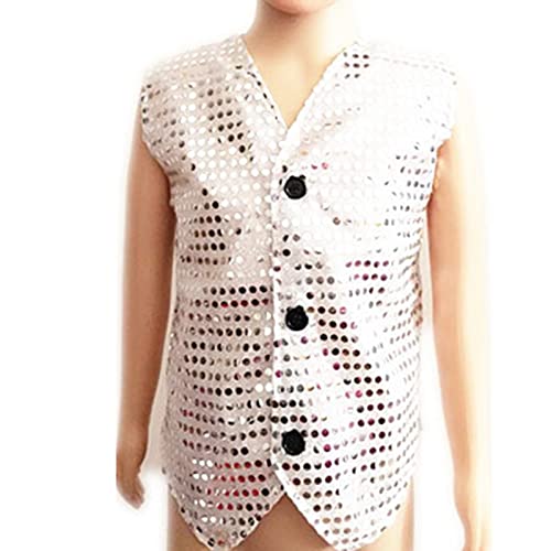 DRHOM Kids Girls Sparkle Sequin Sleeveless Waistcoat V-Neck Vest Jacket Hip Hop Jazz Dance Stage Performance Costume (Silver, 9-10) - Image 2