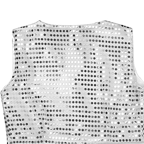 DRHOM Kids Girls Sparkle Sequin Sleeveless Waistcoat V-Neck Vest Jacket Hip Hop Jazz Dance Stage Performance Costume (Silver, 9-10) - Image 5
