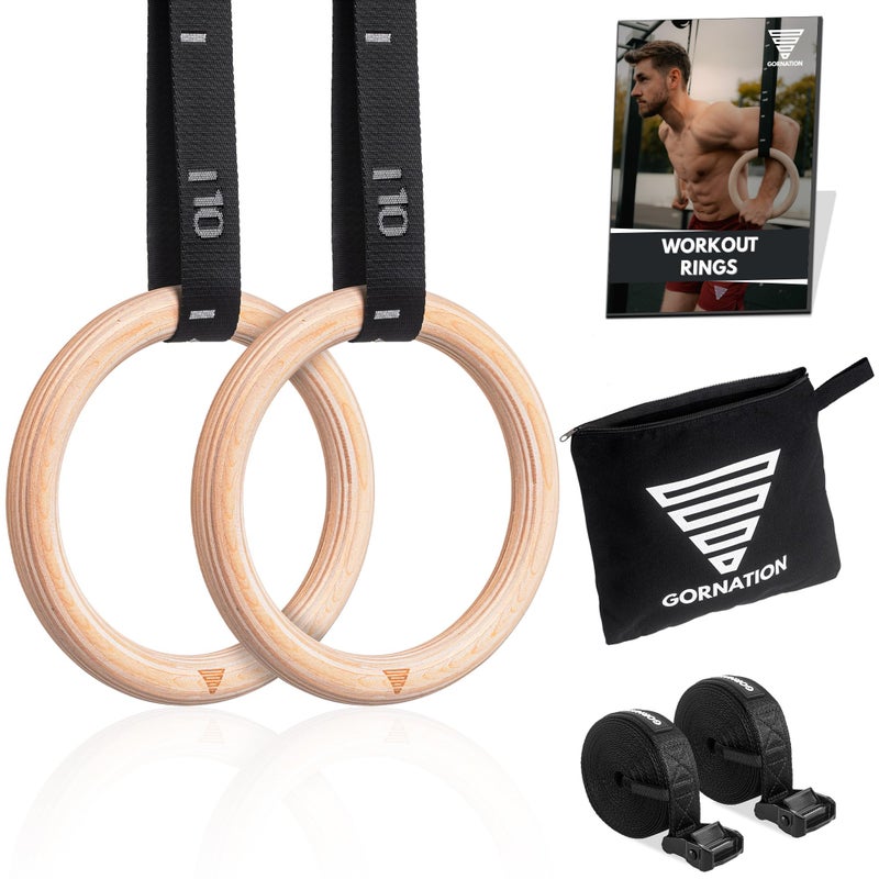 GORNATION GORNATION Wooden Gymnastics Rings, Olympic Rings for Fitness, Sport, Street Workout, Gym, Bodybuilding, Crossfitness, Gymnastics Ring + Straps and Bag for Indoor/Outdoor Sessions - Image 1