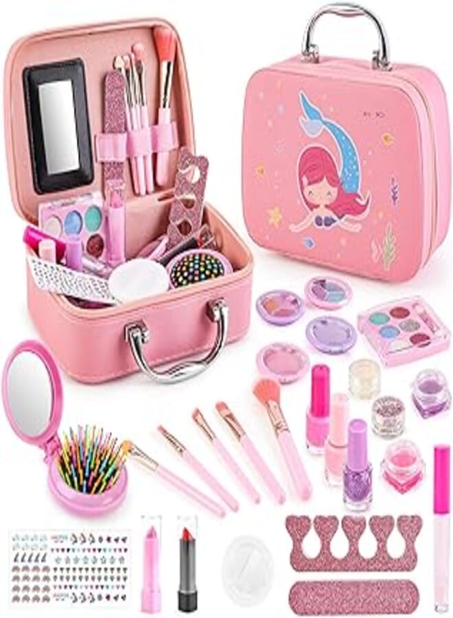 deAO Children's Make-Up Girls, Washable Make-up Set with Mermaid Fin, Suitcase, etc. Role Play Cosmetic Make Up Toy Christmas Gift for Girls 4 5 6 7 8 Years