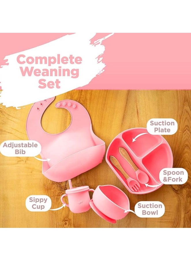 S2C - S2C 6 Pcs Silicone Baby Feeding Set, Baby Led Weaning Set, Feeding Supplies for Toddlers New Born Baby Gift Set, Suction Silicone Baby Plate with Divider,Baby Feeder,Bib,Spoon (LIGHT PINK) - Image 1