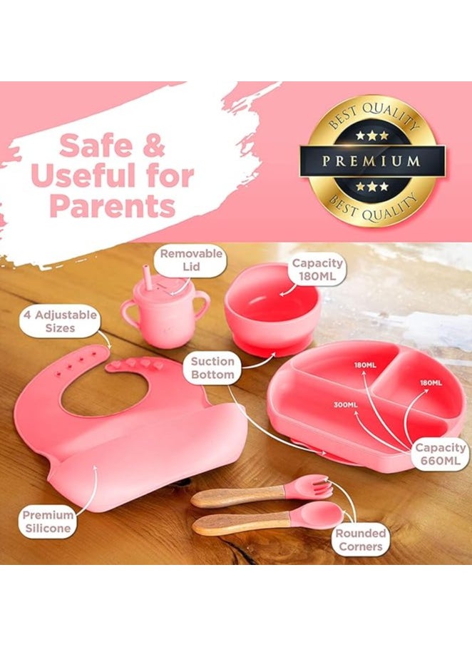 S2C - S2C 6 Pcs Silicone Baby Feeding Set, Baby Led Weaning Set, Feeding Supplies for Toddlers New Born Baby Gift Set, Suction Silicone Baby Plate with Divider,Baby Feeder,Bib,Spoon (LIGHT PINK) - Image 1