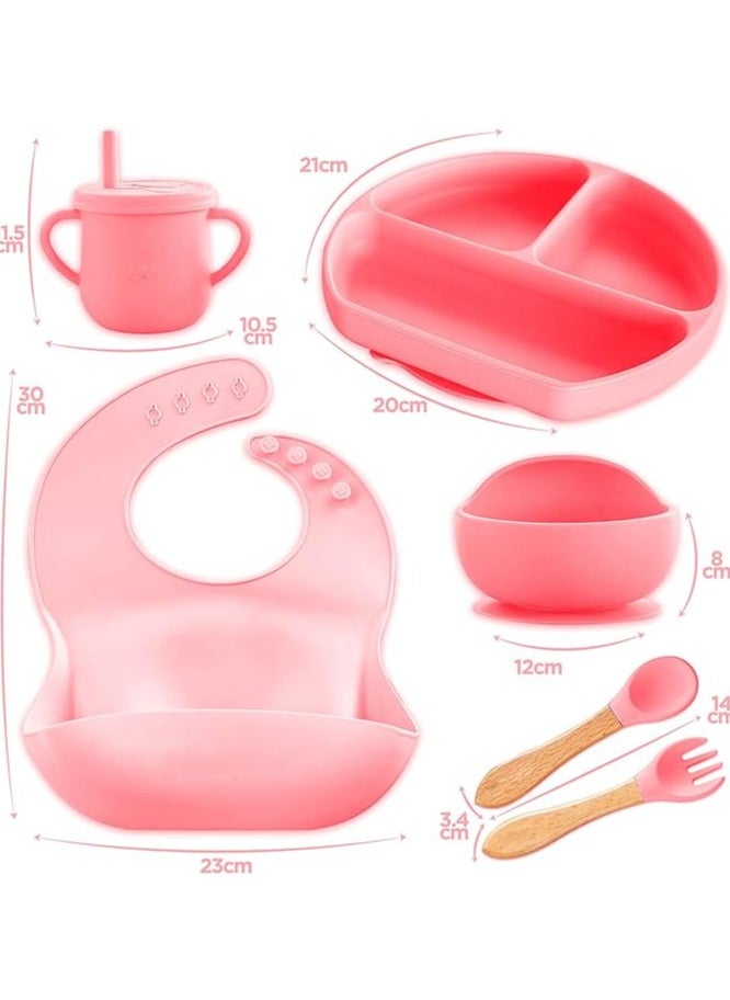 S2C - S2C 6 Pcs Silicone Baby Feeding Set, Baby Led Weaning Set, Feeding Supplies for Toddlers New Born Baby Gift Set, Suction Silicone Baby Plate with Divider,Baby Feeder,Bib,Spoon (LIGHT PINK) - Image 1