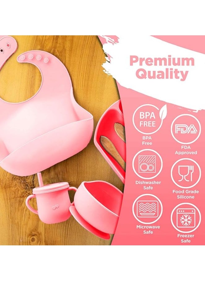 S2C - S2C 6 Pcs Silicone Baby Feeding Set, Baby Led Weaning Set, Feeding Supplies for Toddlers New Born Baby Gift Set, Suction Silicone Baby Plate with Divider,Baby Feeder,Bib,Spoon (LIGHT PINK) - Image 1