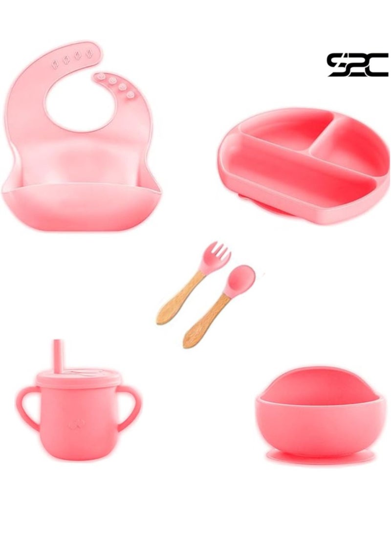S2C - S2C 6 Pcs Silicone Baby Feeding Set, Baby Led Weaning Set, Feeding Supplies for Toddlers New Born Baby Gift Set, Suction Silicone Baby Plate with Divider,Baby Feeder,Bib,Spoon (LIGHT PINK) - Image 1