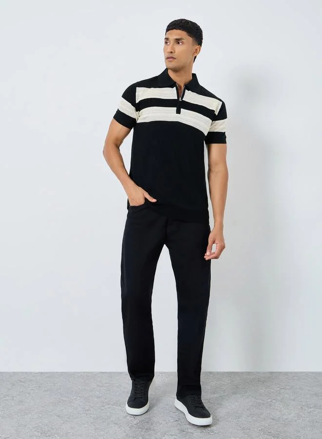 Styli Men Black Striped Knit Polo Shirt