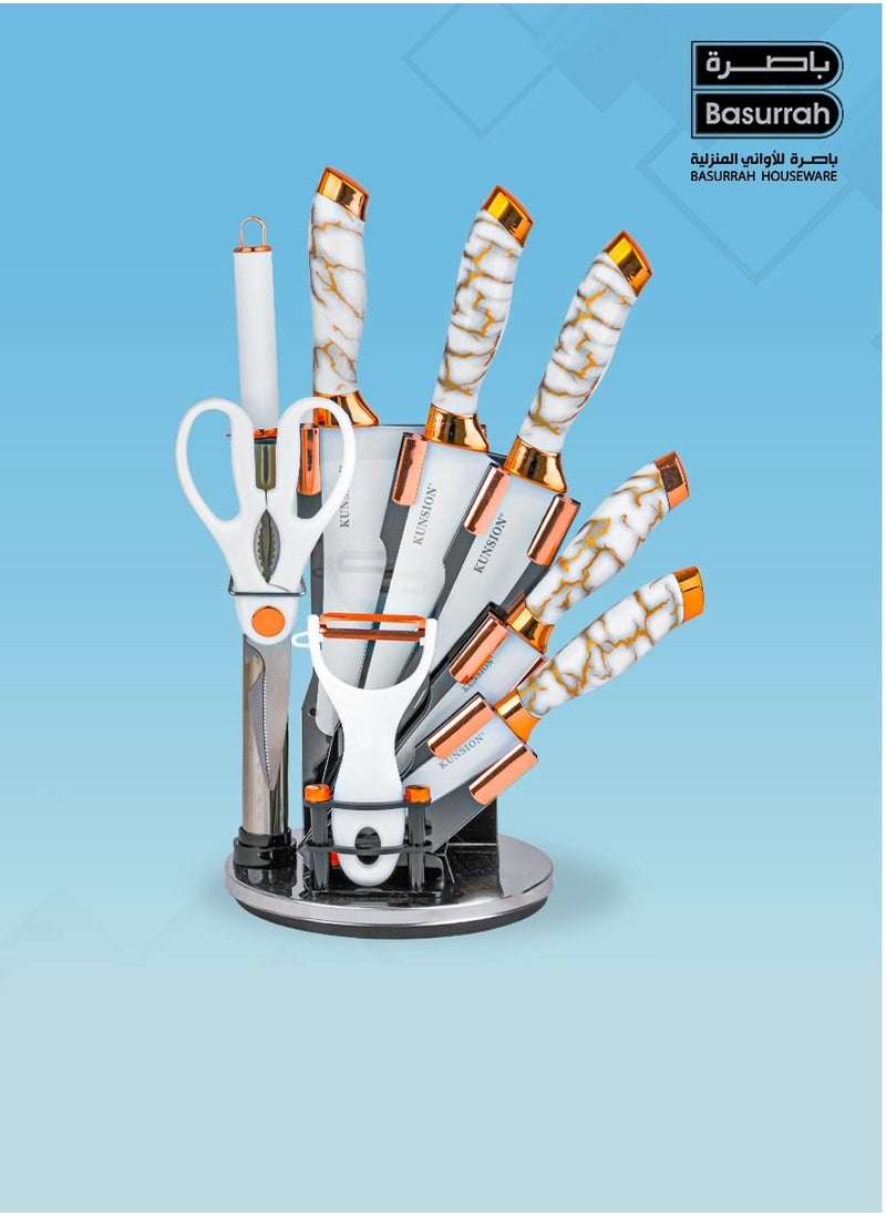 BASURRAH 9 Piece Stainless Steel Kitchen Knife Set with Peeler and Scissors with Stand  - Image 1