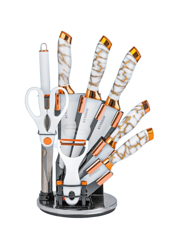 BASURRAH 9 Piece Stainless Steel Kitchen Knife Set with Peeler and Scissors with Stand  - Image 2