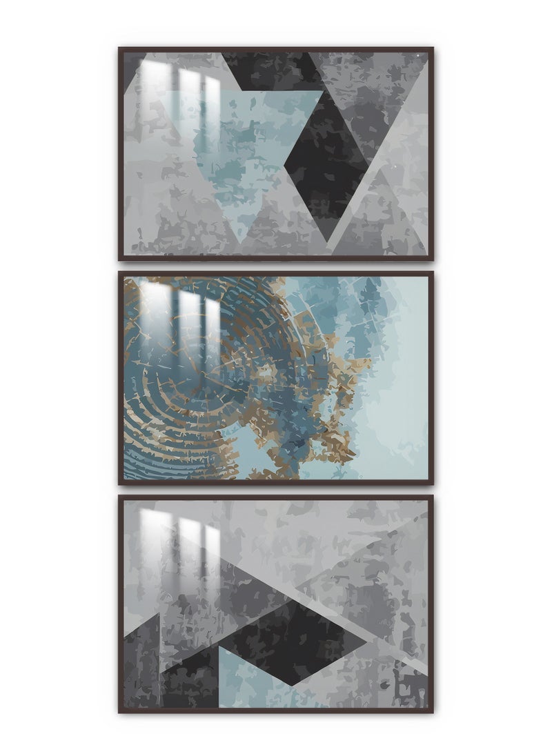 ماركتنا ثلاث لوحات جدارية150x70سم مع برواز بني وطبقة اكريلك شفاف بتصميم تجريدي  - Image 2